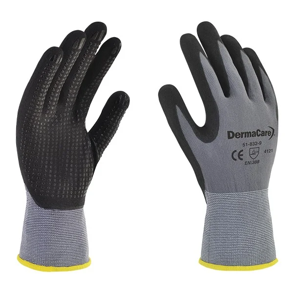 GUANTE NYLON GRIS PALMA NITRILO MICROPOROSO Y POLÍMEROS PUNTOS DE NITRILO EN PALMA